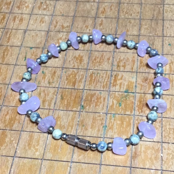 Semiprecious Jasper Stone Amethyst Crystal Brass 8”L Bracelet EVC Barrel Clasp - Picture 4 of 7